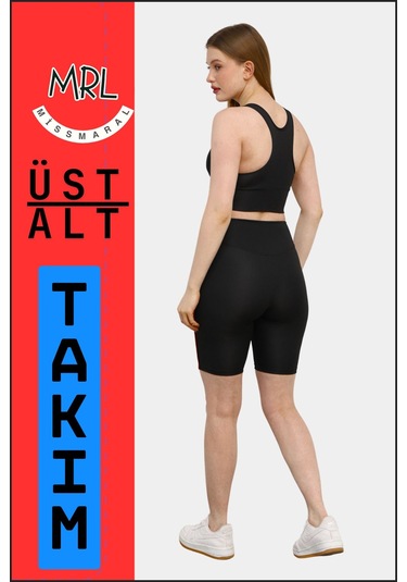 Kadın Siyah Takım Alt-üst Kısa Şort-tayt Ve Pedli Sporcu Büstiyer 2li Set Kırmızı Biyeli Elt3043 Siyah Kırmızı