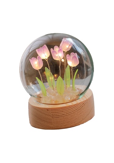 Shineyee Purple Tulip Mini Led Night Light - Dıy Wooden Glass Flower Shape, Soft Lighting, Bedroom Decoration, Creative Gift Set With Built-in Battery Mor