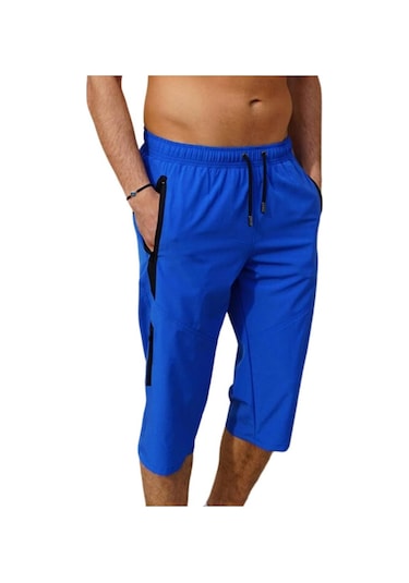 Saks Diz Altı Uzun Model Su İtici Özellikli Likralı Esnek Kumaş Erkek Plaj Deniz Kapri Şort - 941-saks 001