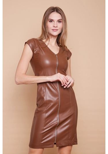 Ekolojik Suni Deri V Yaka Düşük Omuzlu Önü Fermuarlı Elbise -taba Taba