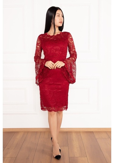 Kalopya Kol Volanlı Kısa Dantel Abiye Elbise 13034 Bordo