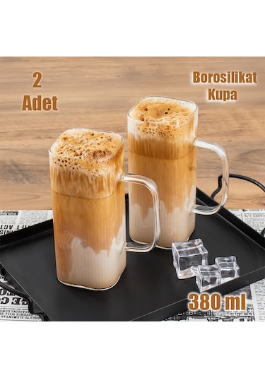 Porsima 2li Borosilikat Latte Bardağı Sunumluk Cam Kupa Seti 380m