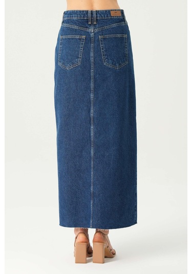Koyu Mavi Yüksek Bel Patı Fermuarlı Yırtmaçlı Etek Ucu Kesik Maxi Jean Etek C 4532-051 Koyu Mavi