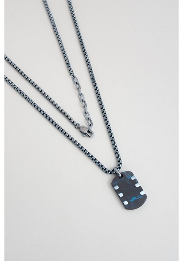 Karbon Fiber Detaylı 65 Cm Çelik Erkek Kolye Mavi