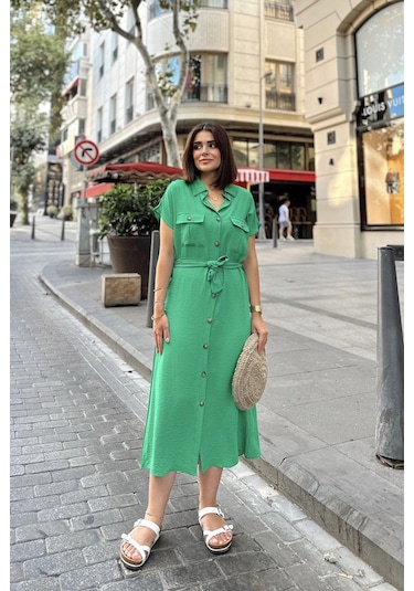 Yeşil Kısa Kol, Gömlek Yaka, Düz Desen, Çift Cepli, Aerobin Kumaş, Kuşaklı Maxi Elbise Yeşil