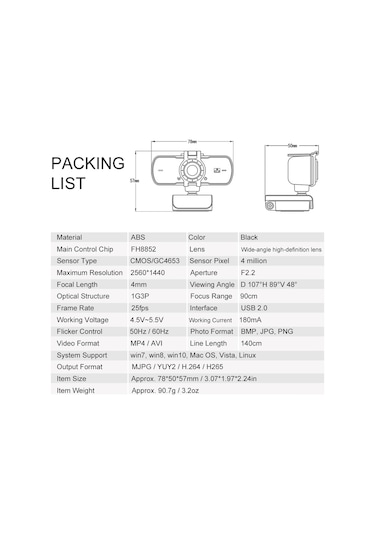 Yuntech01 2k Hd Usb Webcam P5 - Geniş Açı Lensli, Mikrofonlu, Sürücü Gerektirmeyen Bilgisayar Kamerası - Ders, Canlı Yayın, Video Konuşma İçin