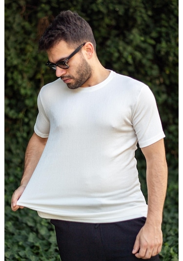 Erkek Beyaz Krep Kumaş Rahat Salaş Esnek Bisiklet Yaka T-shirt 23etshtarp 001