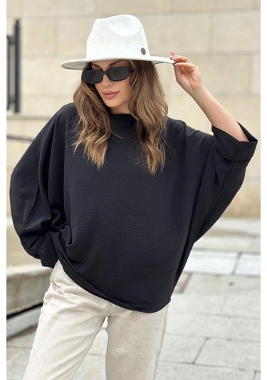Kadın Siyah Airobin Yarasa Duble Kol Salaş Bluz Ekstra Oversize Yuvarlak Yaka - Tesettüre Uygun Siyah