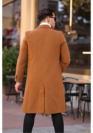 Erkek Kiremit Dar Kesim Uzun Yün Karışımlı Kaşe Kaban KİREMİT