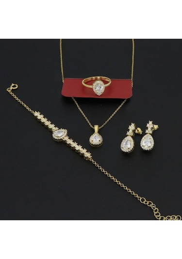 925 Ayar Gümüş Damla Desen Gold Şık Set