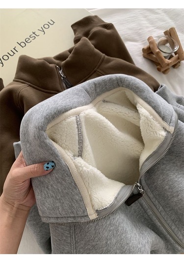 Snapbuy İçi Polarlı, Fermuarlı, Dik Yaka Kadın Sweatshirt Ceket Gri