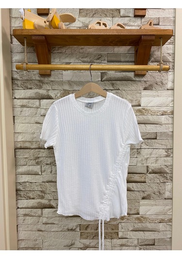 Aysbebe Bağcıklı Bluz + Bol Paça Fitilli Kumaş Pantolon Kız Çocuk Yazlık Takım Beyaz - Mavi 2254