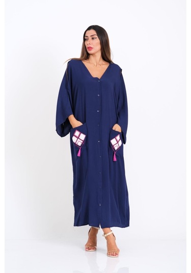 Kadın Lacivert V Yaka Omuzu Pencereli Cepleri Ve Sırtı Aplike Nakışlı Püsküllü Oversize Uzun Gömlek Elbise - Lacivert
