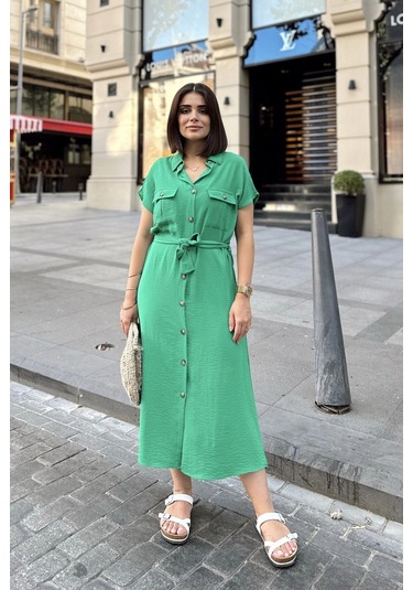Yeşil Kısa Kol, Gömlek Yaka, Düz Desen, Çift Cepli, Aerobin Kumaş, Kuşaklı Maxi Elbise Yeşil