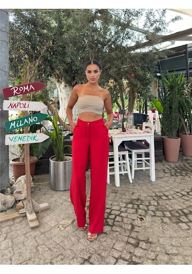 WeShaya Kırmızı Keten Karışımlı Düz Paça Pantolon Kırmızı