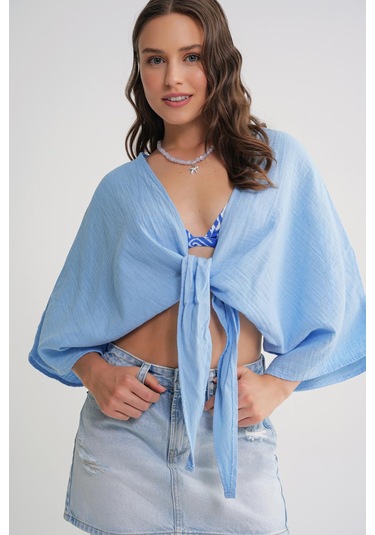 4723 Kadın Önü Bağlamalı Bolero Bluz Bebe Mavi Bebe Mavi