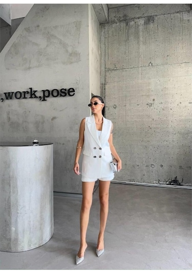 The İstanbul Keten Yelek - Şort Takım - Beyaz Beyaz