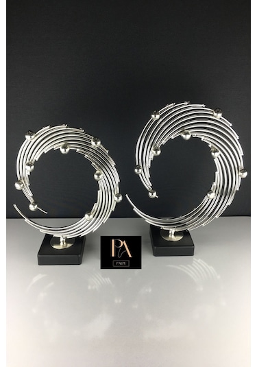 Gümüş 2'li Ofis Metal Aksesuar Biblo Ev Salon Dekorasyon Obje