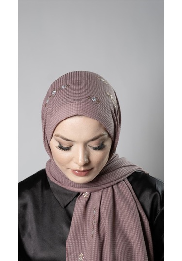 Gül Kurusu Pratik Hazır Geçmeli Tesettür Şal Örme Kumaş Taşlı Çiçek Desenli 2118c 18