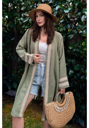 Kadın Hakı Müslin Kumaş, Hasır Şerit Detaylı Salaş Kimono Ceket Haki