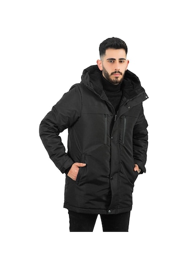 Erkek Polarlı Su Ve Rüzgar Geçirmez Kapüşonlu Kışlık Mont & Kaban & Parka Siyah