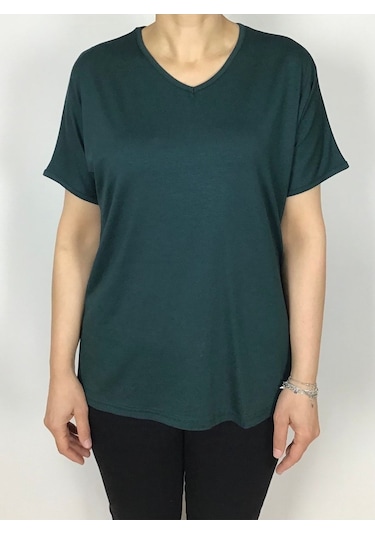 Kısa Kol V Yaka Likralı Düz Penye Bluz Zümrüt