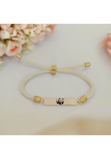 Archin Panda Temalı 14 Ayar Altın Plakalı Dikdörtgen Figürlü Beyaz Örgülü Hediye Bileklik-413sembol Panda Temalı