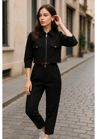 Siyah Gömlek Yaka Fermuarlı Kadın Alt Üst Takım Şık Ve Rahat Günlük Kombin Çok Renkli