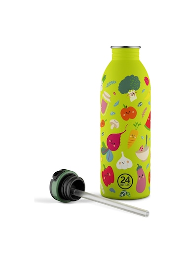 Kids Bottle Veggie Friends Pipetli Paslanmaz Çelik Çocuk Su Matarası 500 Ml Sarı
