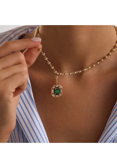 Sembolgold 14 Ayar Özel Tasarım Yeşil Taşlı Kolye Ball Chain T14386 Renkli