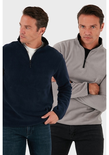 Buratti Slim Fit Yarım Fermuarlı Dik Yaka 2'Li Paket Erkek Polar 5906003S2 Gri-Lacivert