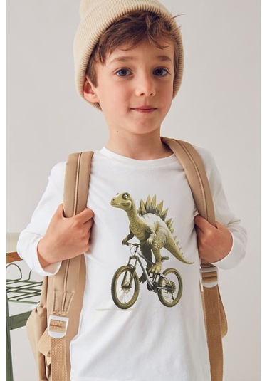 Erkek Çocuk Normal Kalıp Uzun Kollu Dinozor Baskılı T-shirt - Krem Kahverengi