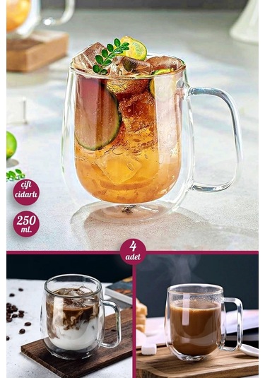 4'lü Çift Cidarlı Bardak 250 Ml Ev Ofis Çay Fincanı Kahve Sunum Bardağı Dayanıklı Kupa Cam Bardak