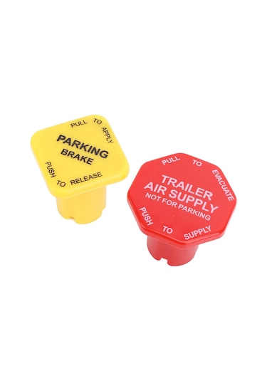 Yellow Parking Brake & Red Trailer Air Supply Knob Set - MV-3 Style For Peterbilt, Kenworth, Volvo, Western Star Trucks