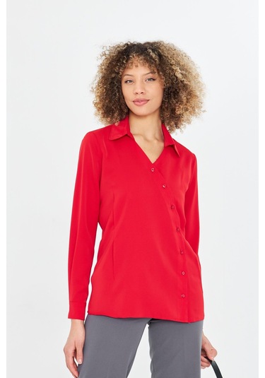 Asimetrik Pile Detay Gömlek Kırmızı Kırmızı