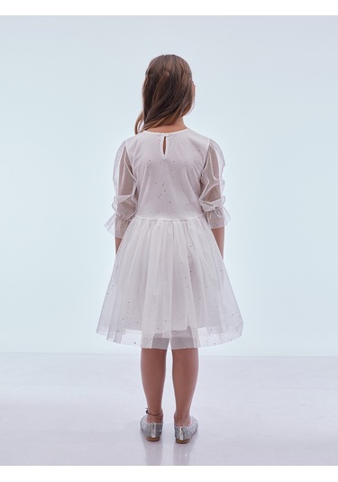 Ahengim Kız Çocuk Yıldız Baskılı Trend Tül Elbise Ak2246 Beyaz