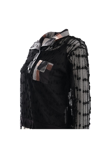 Vedi Oversize Uzun Kol Minimalist File Detaylı Kadın Bluz Siyah