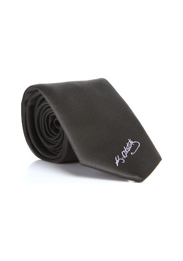 Atatürk İmza Desenli Dokuma Siyah Kravat - Ak-18 Siyah