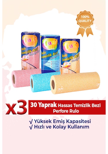 Fun Hassas Temizlik Bezi Perfore Rulo 30 Yaprak 3 Paket Kırmızı - Mavi - Sarı