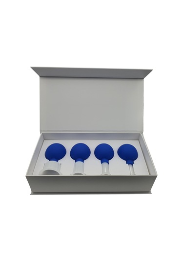 Silikon Vakumlu Yeşim Taş Jade Yüz Masaj Kupası 4 Lü Set Mavi Renk Açık Bej