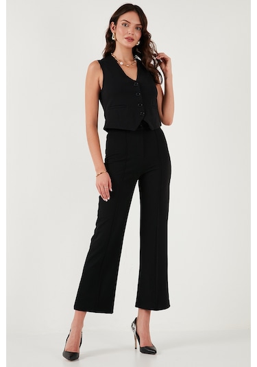 Lela Streç Fitted Fit V Yaka Düğmeli Bayan Yelek 5865971 Siyah
