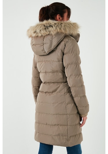 Lela Regular Fit Çıkarılabilir Kapüşonlu Fermuarlı Cepli Şişme Bayan Mont 497Emily Koyu Bej