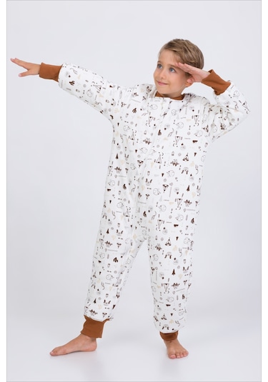 Kız Erkek Çocuk Kalın Elyaf Dolgulu Premium Kalite 2.5 Tog Desenli Uyku Tulumu Kahverengi - Ekru