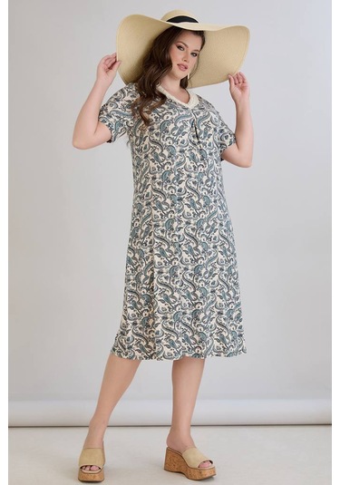 Wearon Kadın Beliz Büyük Beden Dantelli Kısa Kollu Turkuaz Elbise Bej