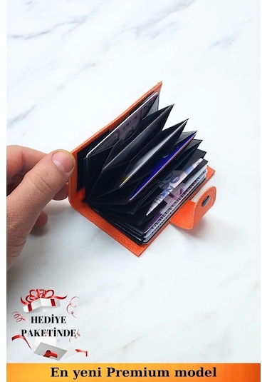 Unisex Vegan Deri Turuncu Cüzdan Akordiyon Ergonomik Organizer Kartlık Turuncu
