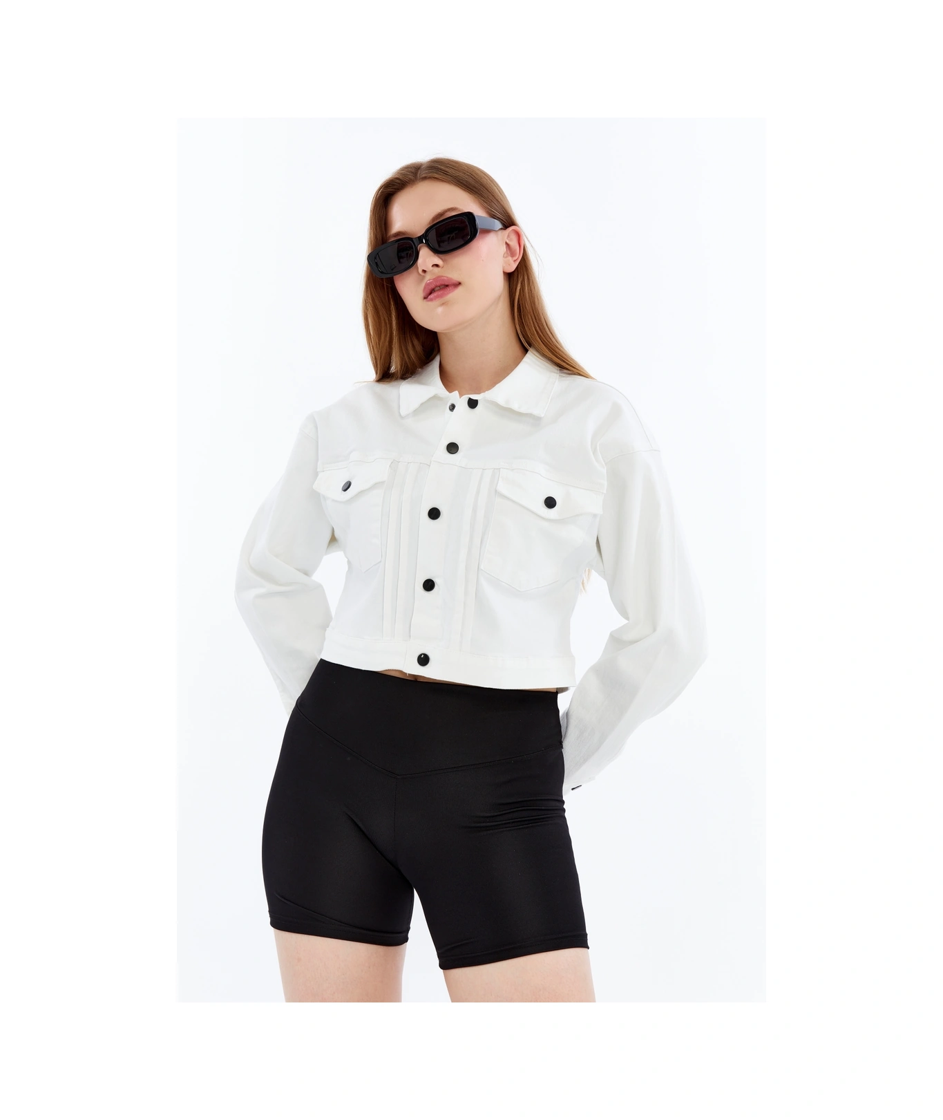 Kadın Bomber Gabardin Ceket Çıt Çıt Düğmeli Kolej Kot Ceket Cepli Renkli Kolay Kombinlenebilen Ceket Beyaz