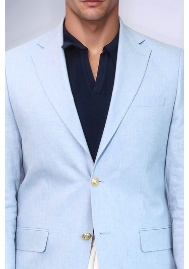 Açık Mavi Keten Dokulu Gold Renk Metal Düğmeli Slim Fit Erkek Blazer Ceket - Wessi Blue