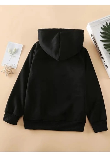 Kışlık Kapüşonlu Sweatshirt, Çocuk Siyah Kara Kediler Baskılı SiYAH