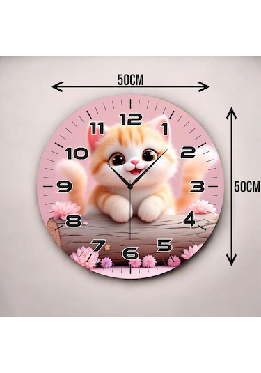 Kedi Renkli Baskı Çocuk Odası Desenli Sayılı Hediyelik Ahşap Sessiz Duvar Saati 50cm ÇOk Renkli