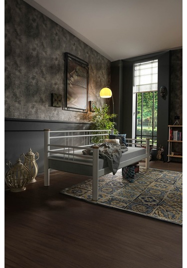 Kappis Daybed Tek Kişilik Sedir Metal Karyola 90x200 Beyaz Ahşap Latalı